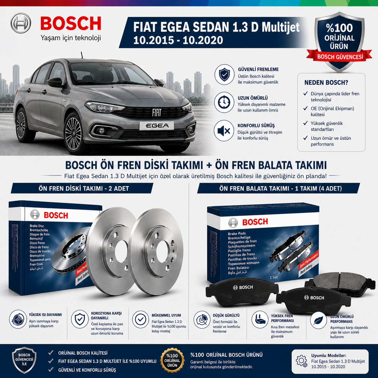 Fiat Egea Sedan 1.3 D Multijet 10.2015-10.2020 Ön Fren Diski Takımı ( 2 adet ) ve Ön Balata Takımı